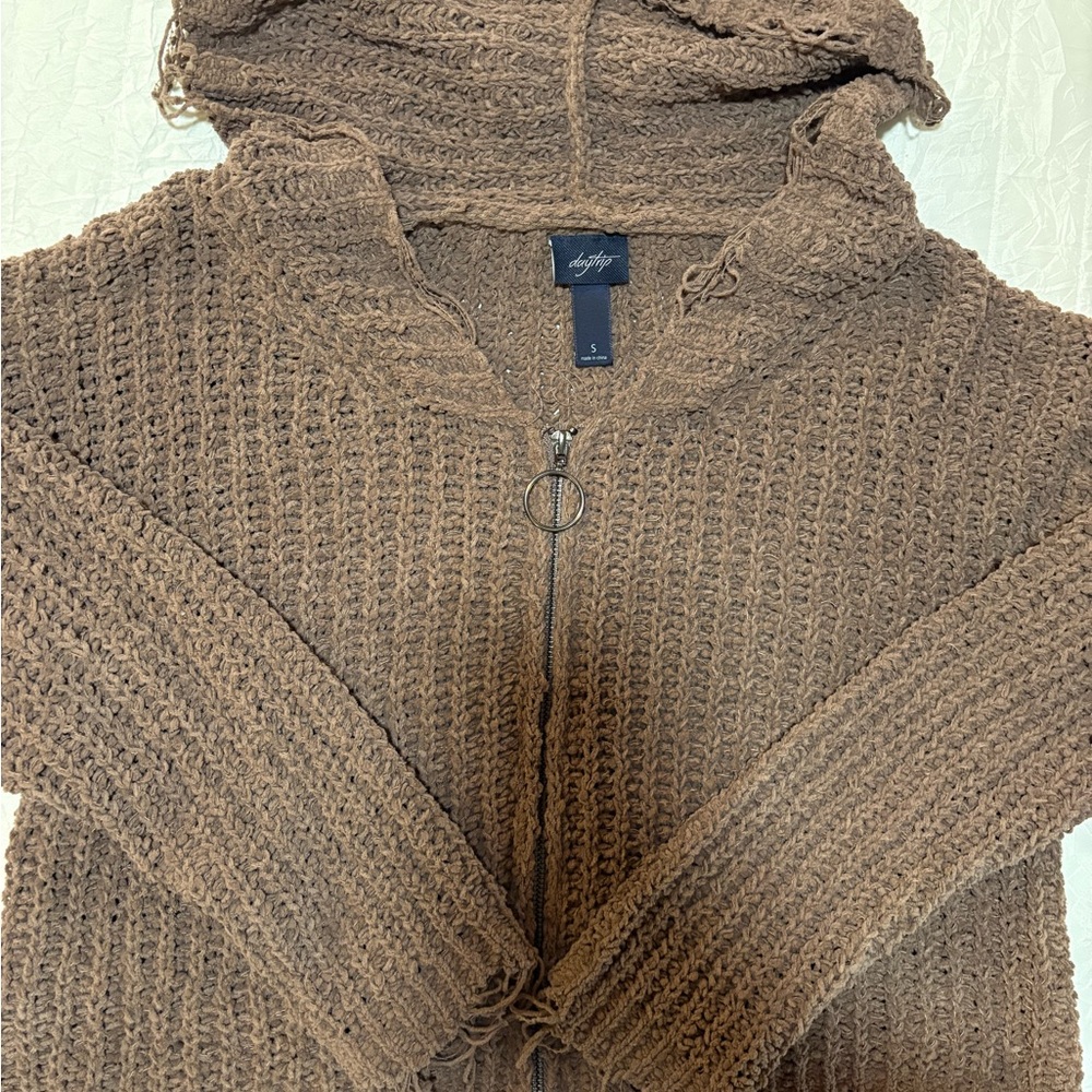 Brown Knit Zip-Up Hoodie